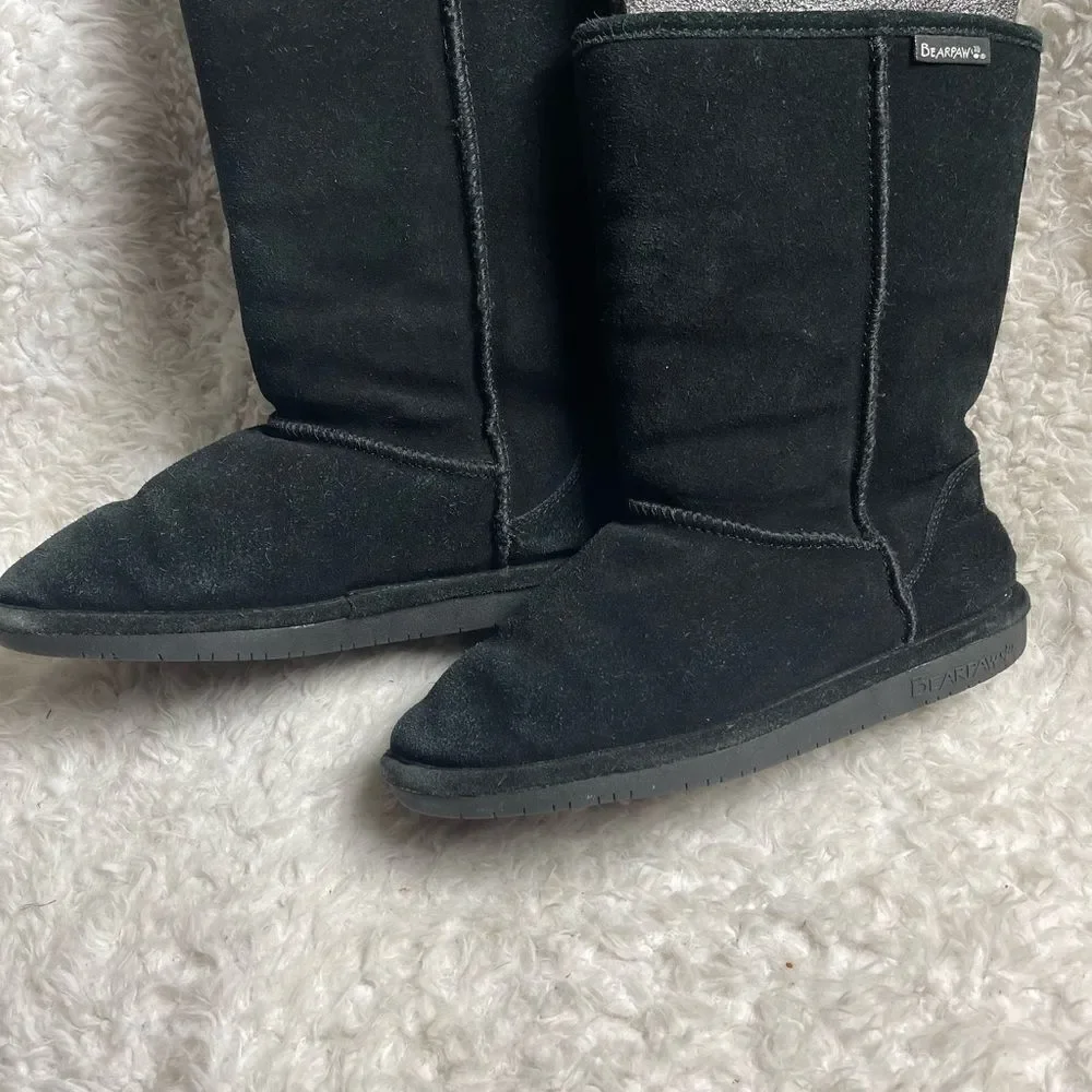 BearPaw black leather suede mid calf boots.sheepskin & wool blend lining SZ10